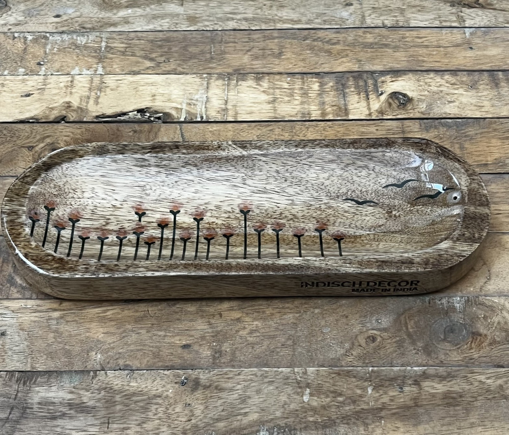 Indisch Decor Mango Wood Incense Holder 11" Painted Tulips Glazed
